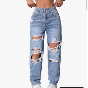 Distressed Blue Wide Leg Ripped Jeans